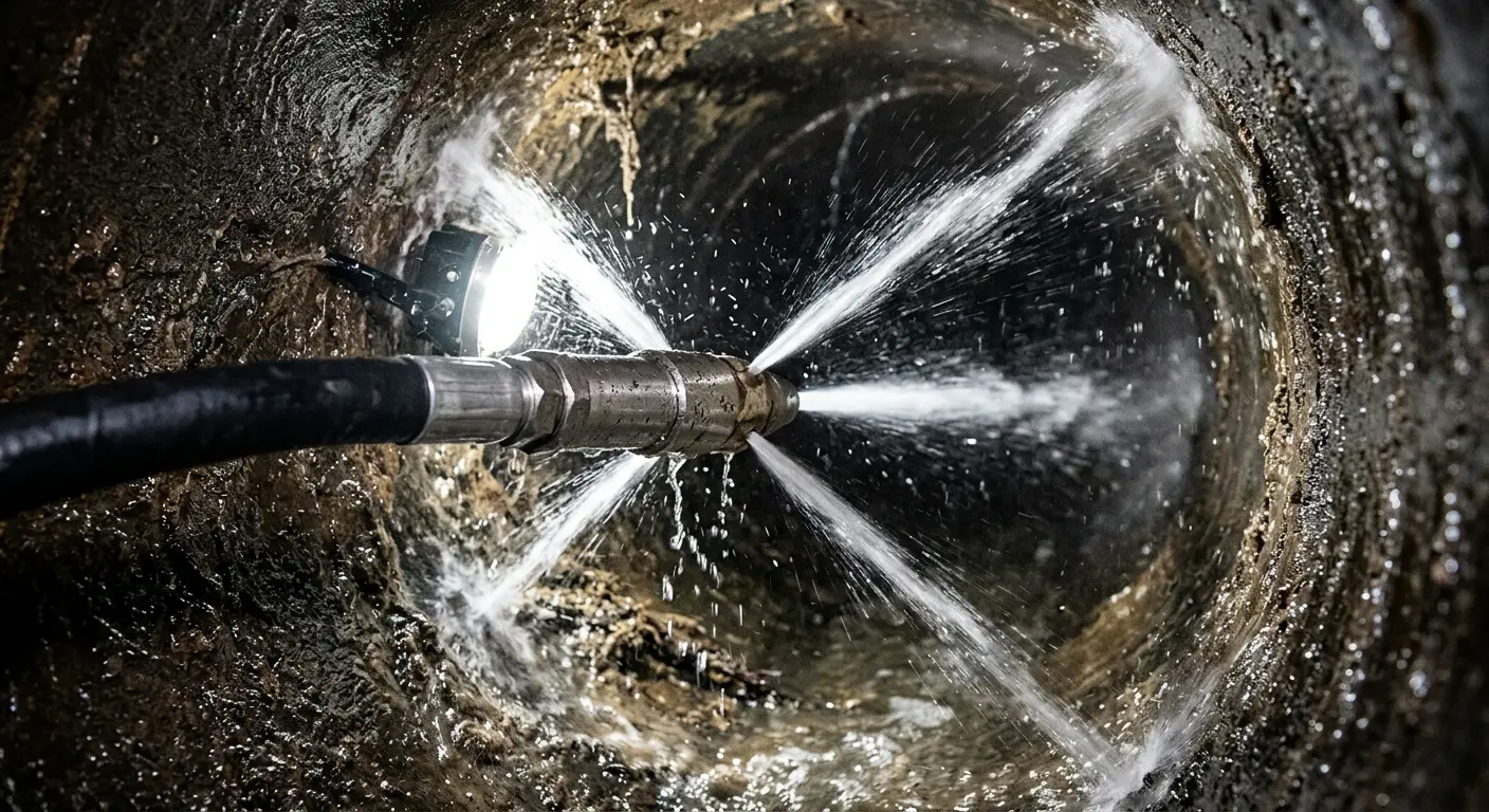 High-pressure hydro jetting nozzle cleaning sewer pipe for Emergency Drain Service in East Camden