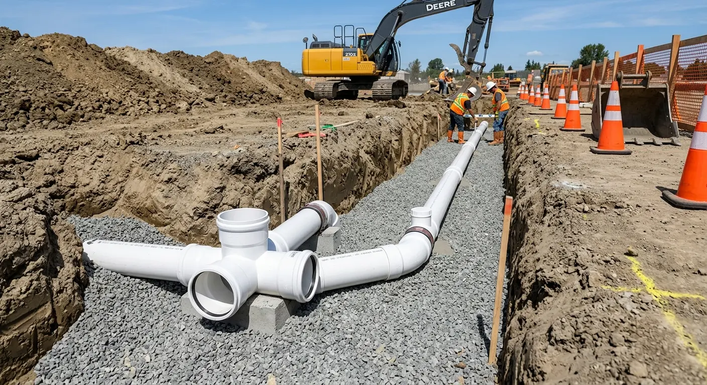 New PVC sewer pipe installation in open trench for Sewer Backup in East Camden