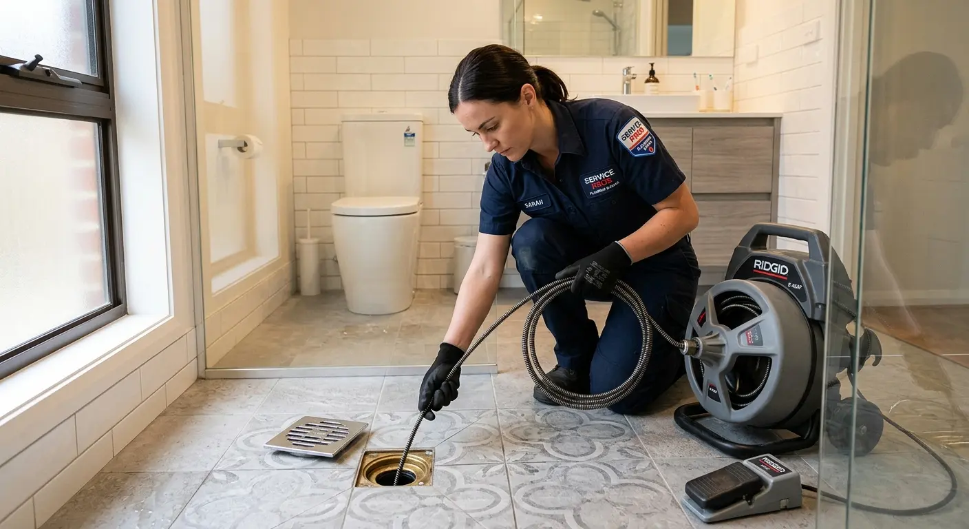 Technician clearing a bathroom floor drain for Drain Repair in East Camden